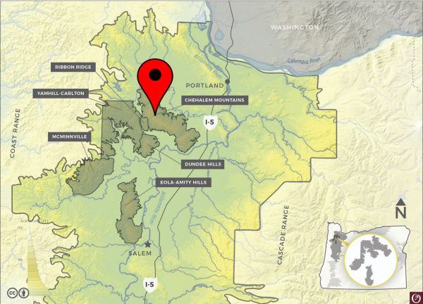 Map indicating the sub AVA regions of the Willamette Valley, Oregon, USA.